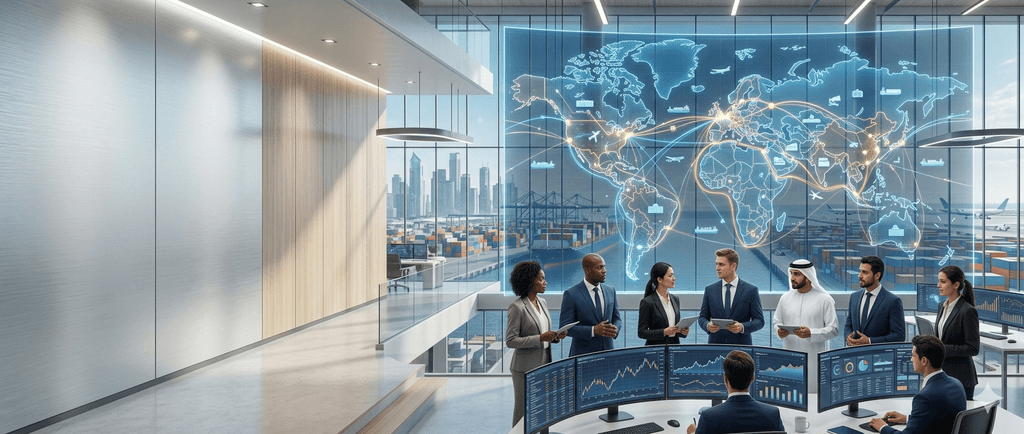 Global trade education banner showcasing international commerce and connectivity.